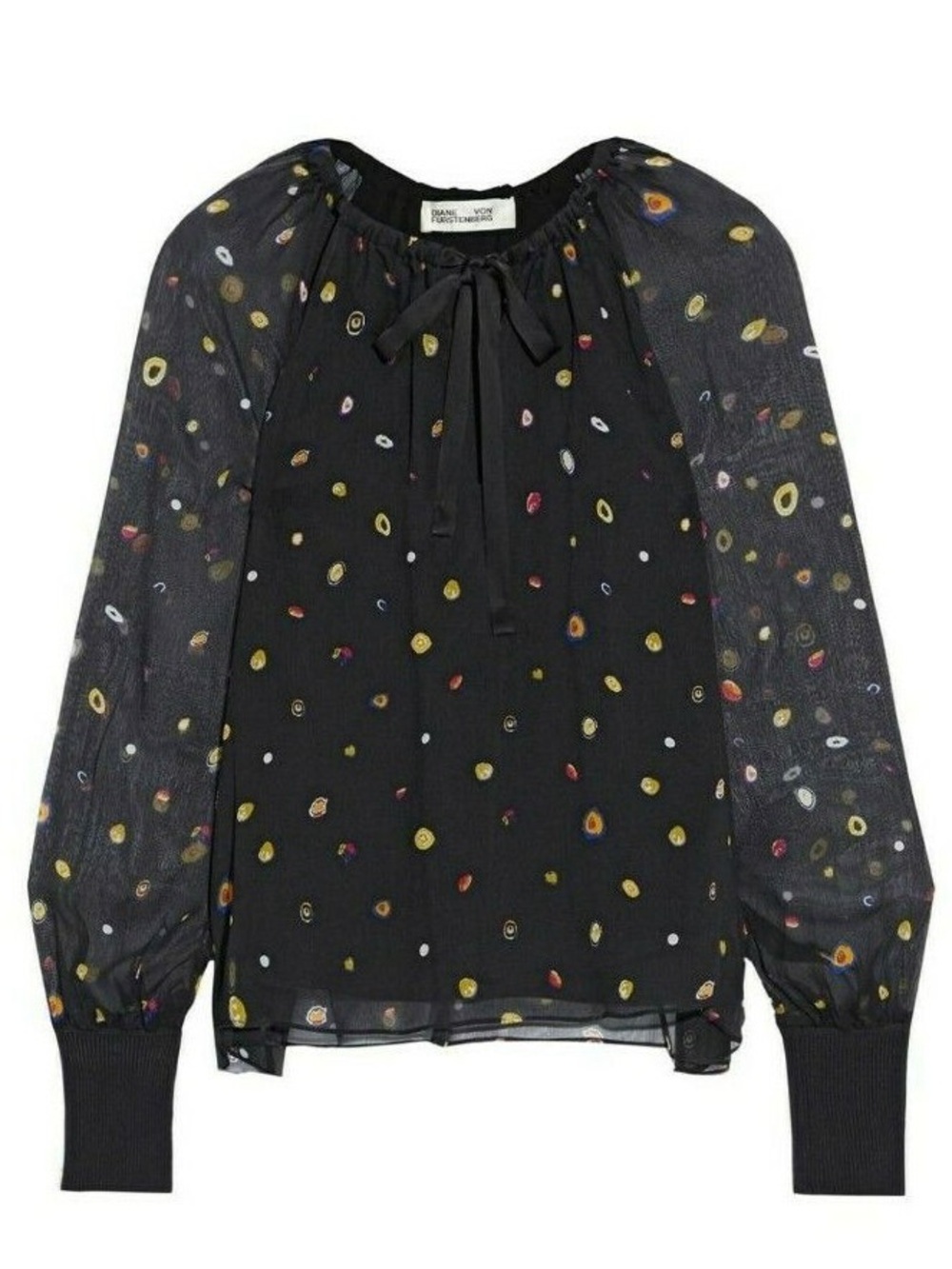DIANE VON FURSTENBERG 100%Silk b
Black Sheer Tie-Neck Blouse with Multicolor Dot